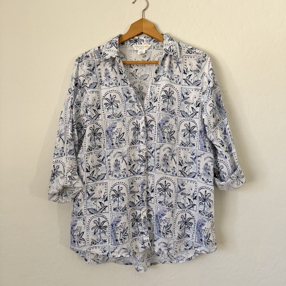 C&C California 100% Linen Tropical Toile Button Front Shirt Blue White Medium